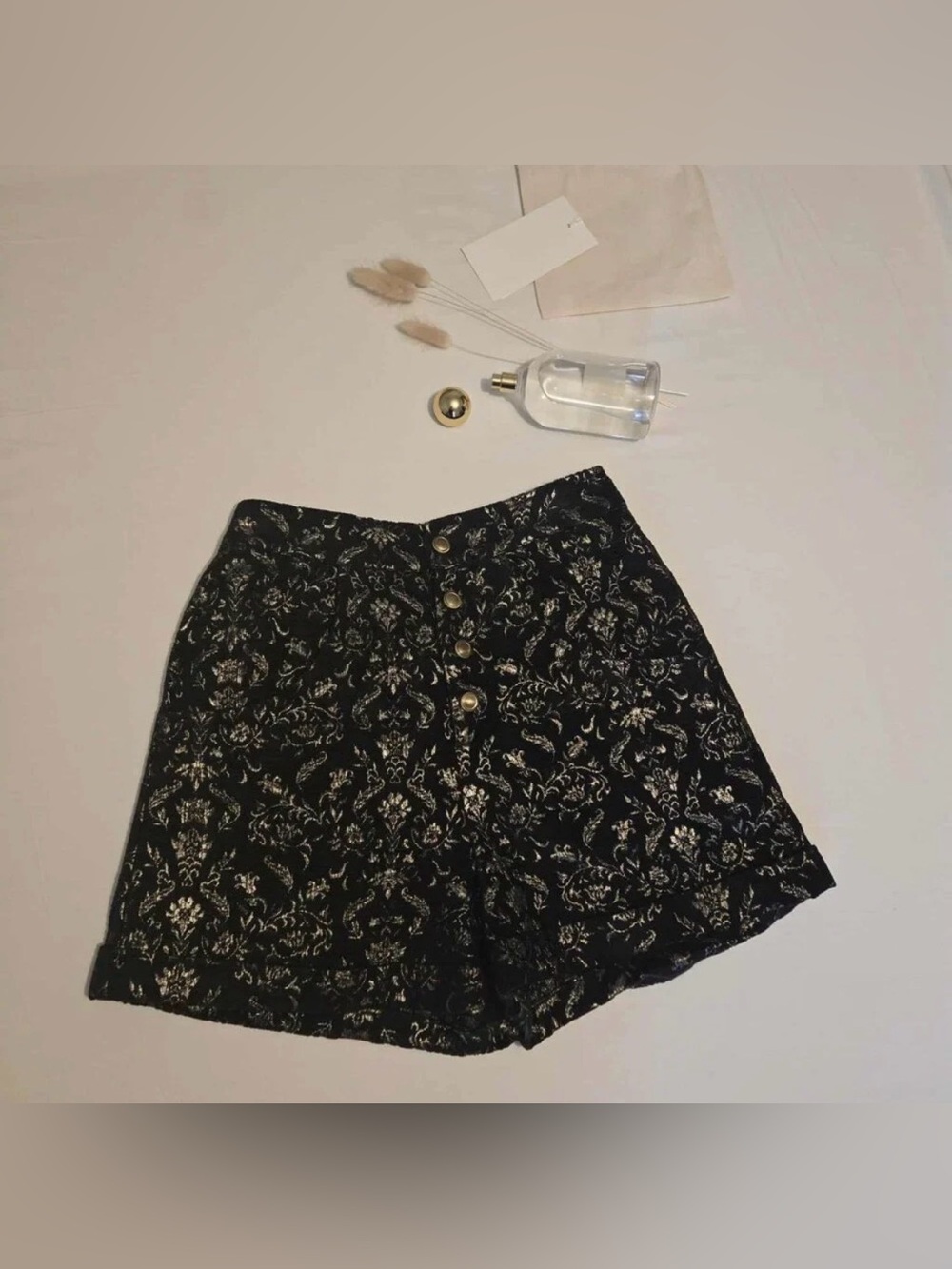 SAAJ Paris High-Waist Black Floral Button-Front Shorts